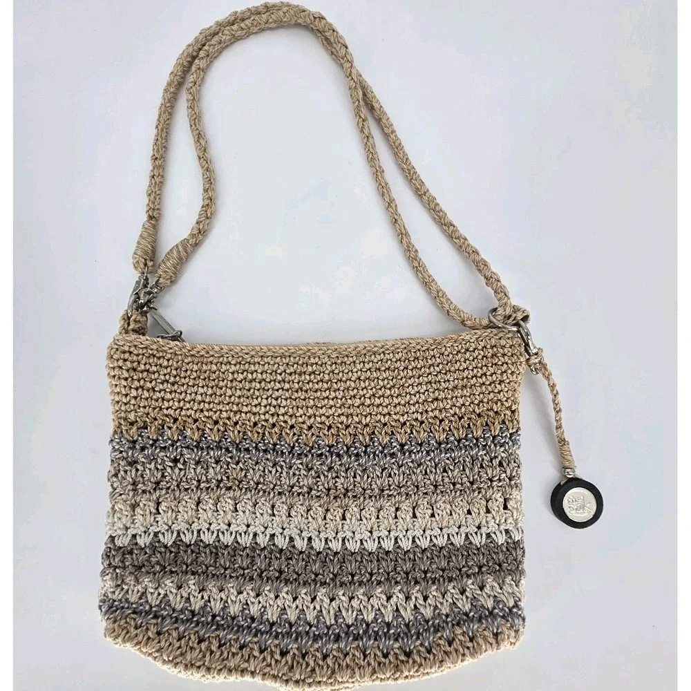 The Sak Crochet Shoulder Bag Tan Brown Striped Boho Purse Detachable Straps